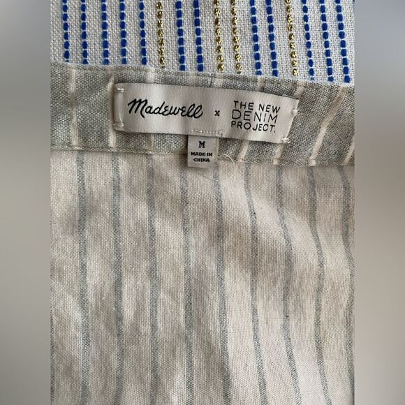 MADEWELL V-Neck Mini Dress Size Medium Beige Striped 100% Cotton Natural Pockets - Picture 4 of 12